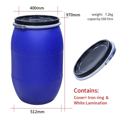 barril plástico azul del HDPE 160kg/L con la tapa